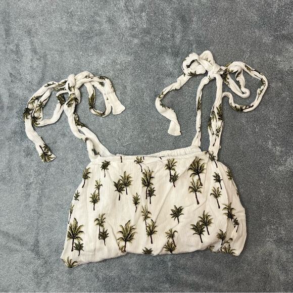 Forever 21 White Palm Tree Crop Top Tie Strap Summer Resort Beachwear Sz Small - Picture 3 of 9